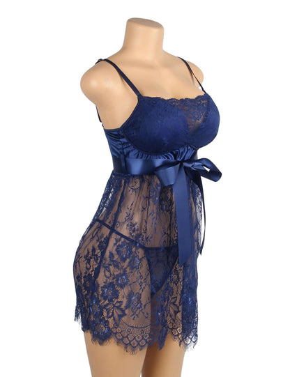 Blue Eyelash Lace Transparent Babydoll Sexy Lingerie