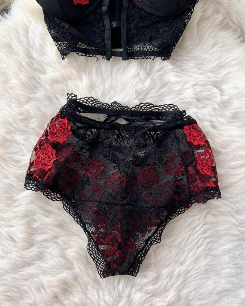 Crimson Bloom Lace Lingerie Set