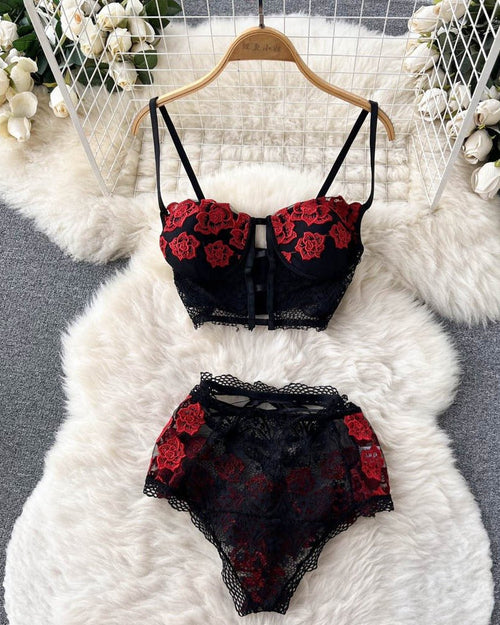 Crimson Bloom Lace Lingerie Set
