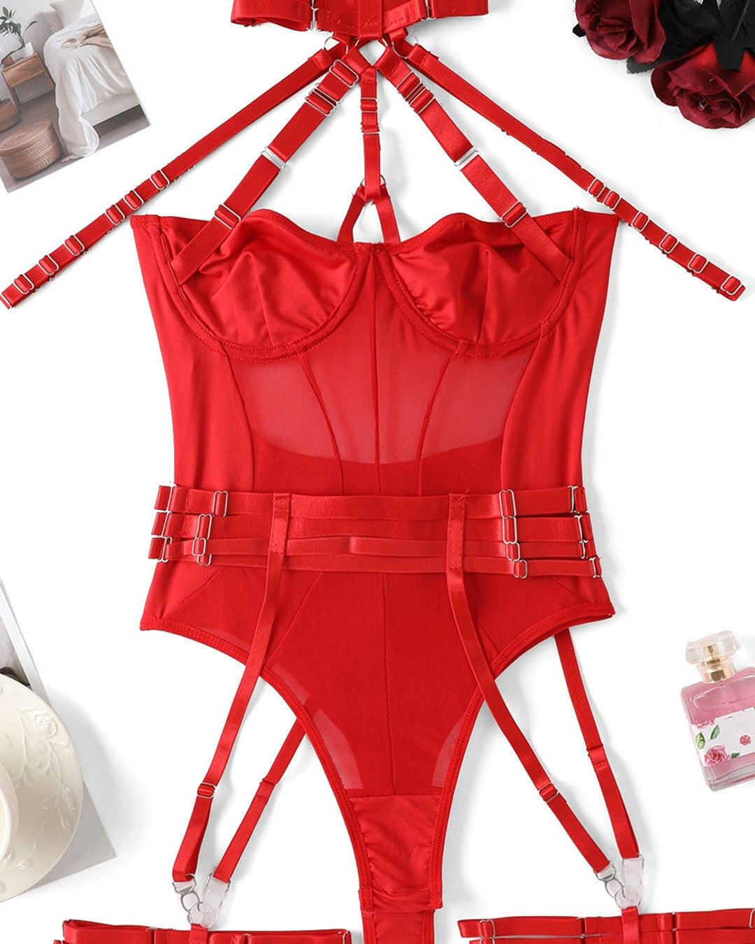 Choke Me Chic Mesh Harness-Style Teddy Lingerie Set