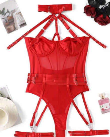 Choke Me Chic Mesh Harness-Style Teddy Lingerie Set