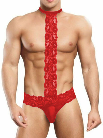 Men's Brief Lace Choker Thong Underwear in Sheer Red