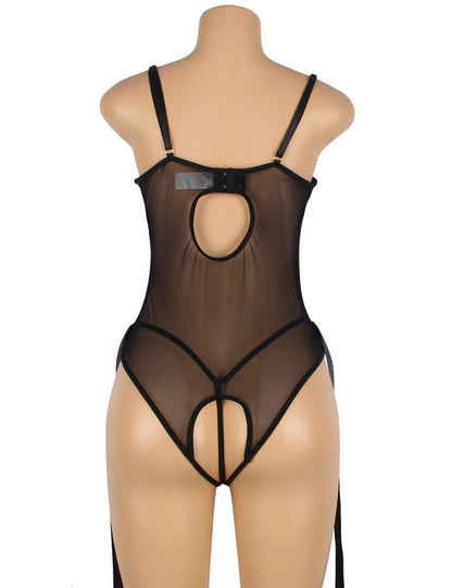 Exotic Black Faux Leather With Lace Teddy Dress