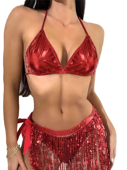 Sexy Red leather sequined glittering dancing bikini set