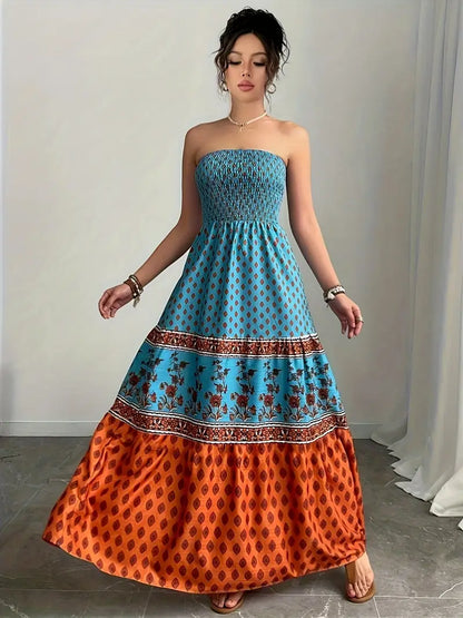 Airy Off-Shoulder Maxi Dress – Ruffle Trim, Pleated Skirt, Lightweight Fabric for Sunny Days & Vacations