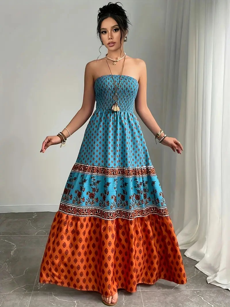 Airy Off-Shoulder Maxi Dress – Ruffle Trim, Pleated Skirt, Lightweight Fabric for Sunny Days & Vacations