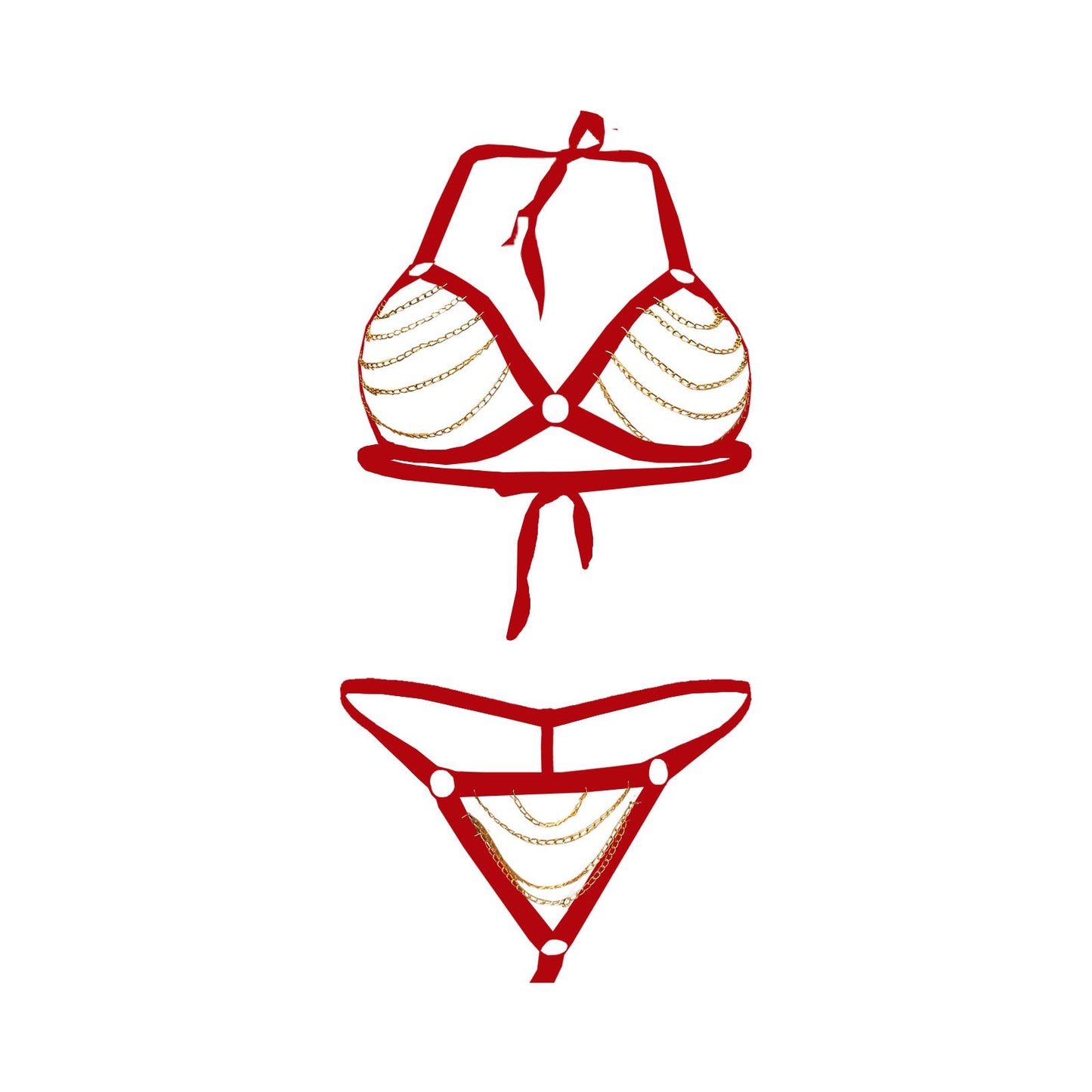 Hot Sexy Golden Chain Red Teddy Bikini With Adjustable Rings