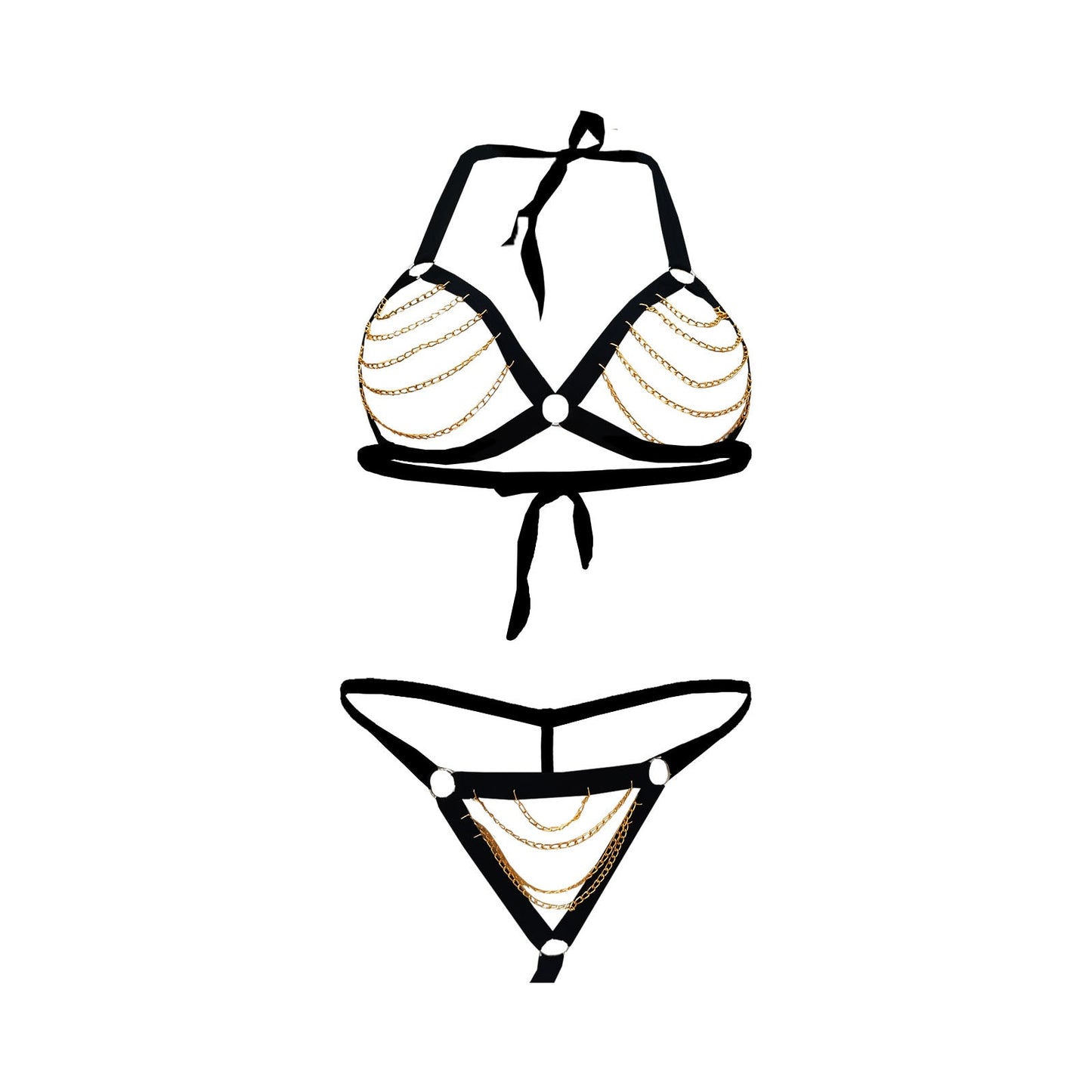 Hot Sexy Golden Chain Black Teddy Bikini With Adjustable Rings