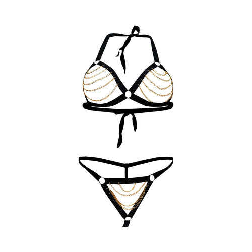 Hot Sexy Golden Chain Black Teddy Bikini With Adjustable Rings