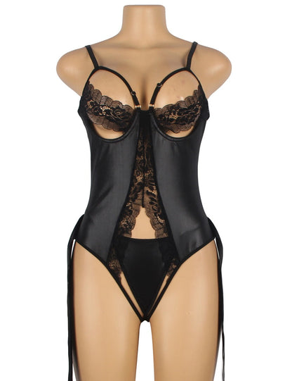 Exotic Black Faux Leather With Lace Teddy Dress