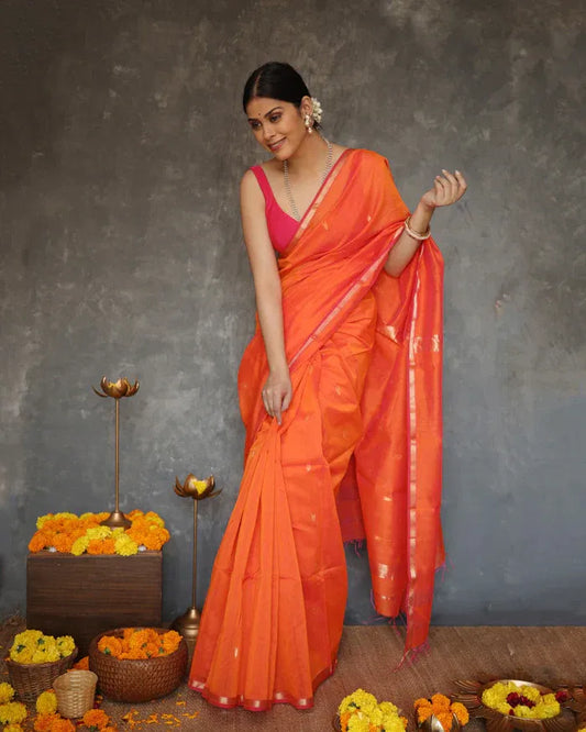 Orange Pure Linen Silk Saree with jacquard weaving work