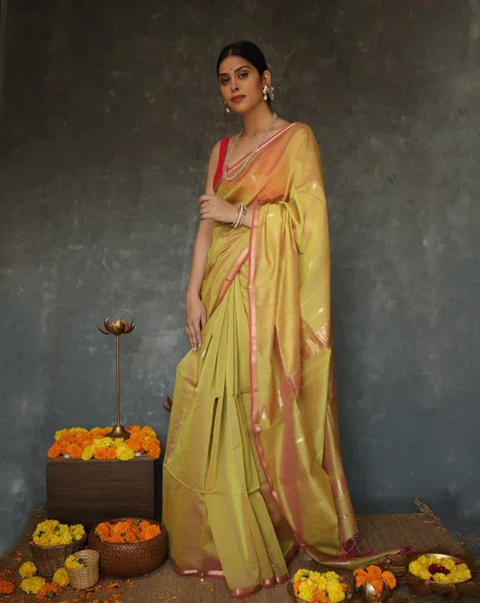 Mustard Pure Linen Silk Saree with jacquard weaving work