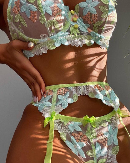 Blooming Charm Three-Piece Lace Lingerie