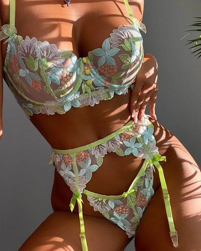 Blooming Charm Three-Piece Lace Lingerie