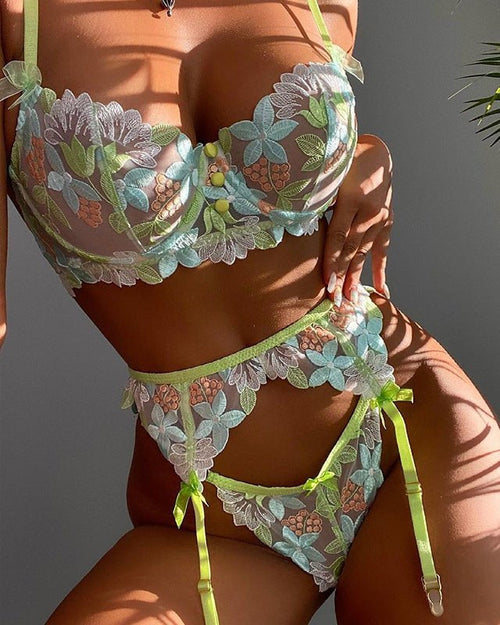 Blooming Charm Three-Piece Lace Lingerie