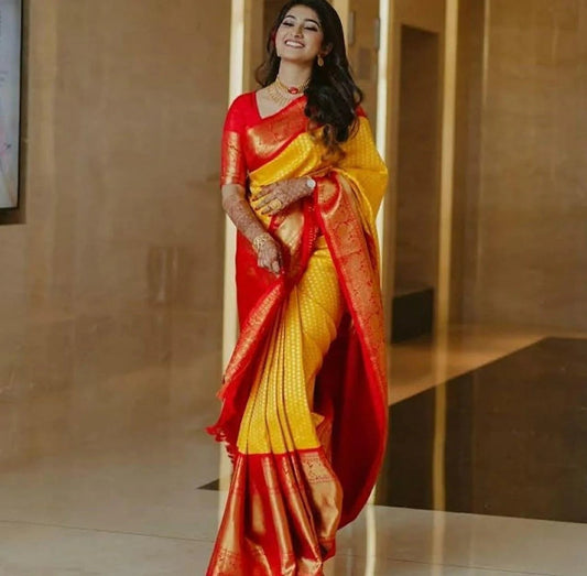 Yellow Red Banarasi Silk Saree