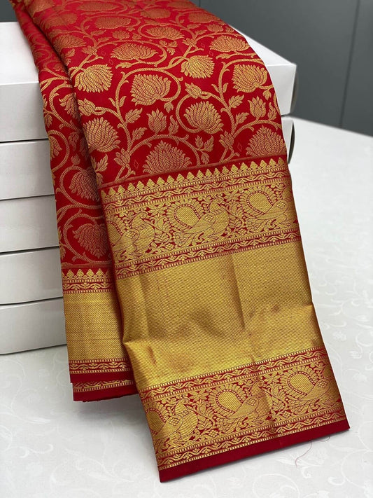 Red Kanjivaram Silk Saree with Jacquard Golden Zari Work
