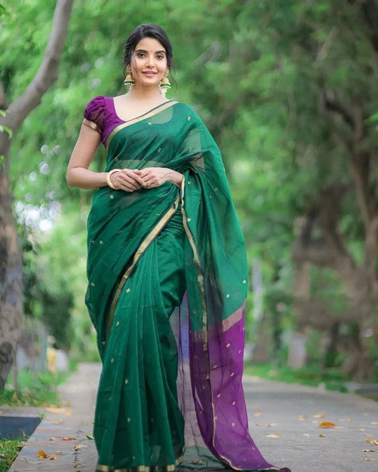 Green Pure Linen Silk Saree with Jacquard Weaving and Contrast Purple Blouse