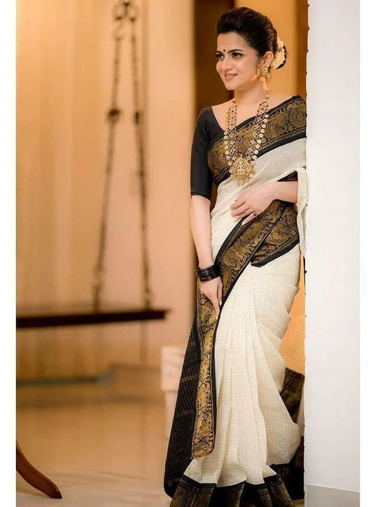 White Banarasi Silk Saree with Black Zari Pallu
