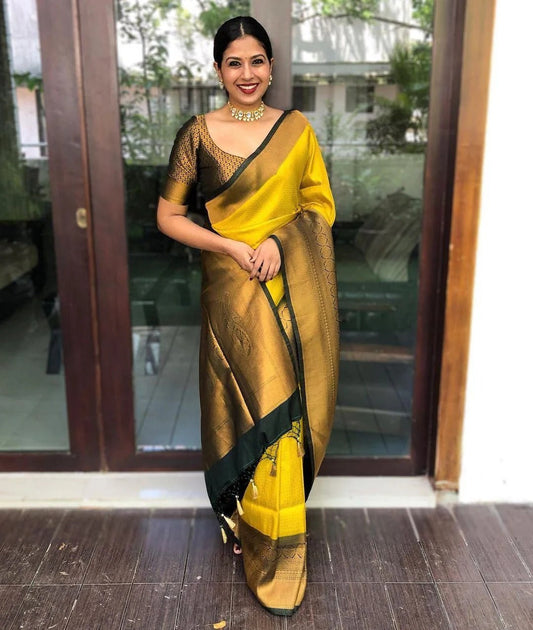 Yellow Soft Banarasi Silk Saree with Black Jacquard Blouse