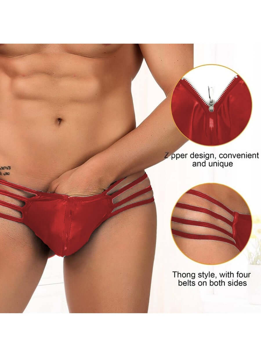Men's Synthetic faux  Leather Sexy Red Zipper Underwear  Panties