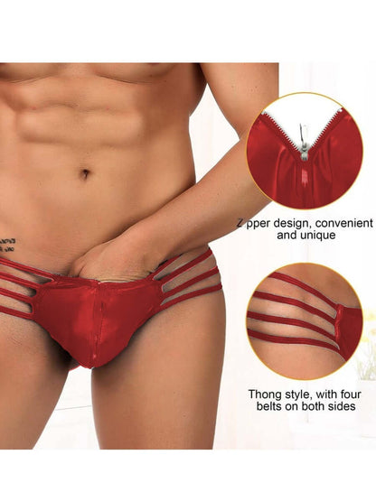 Men's Synthetic faux  Leather Sexy Red Zipper Underwear  Panties