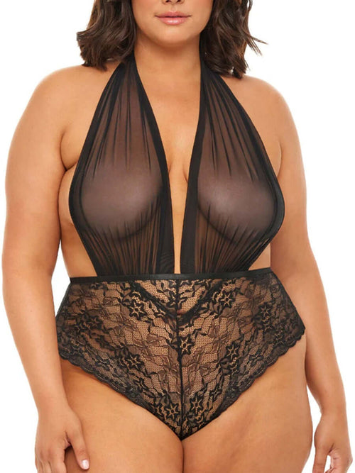 Sexy Transparent Black Lace Tease Plus Size Teddy Lingerie