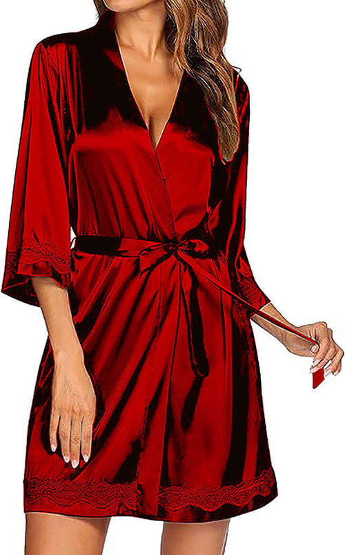 Long Sleeved Silk Red Satin Robe