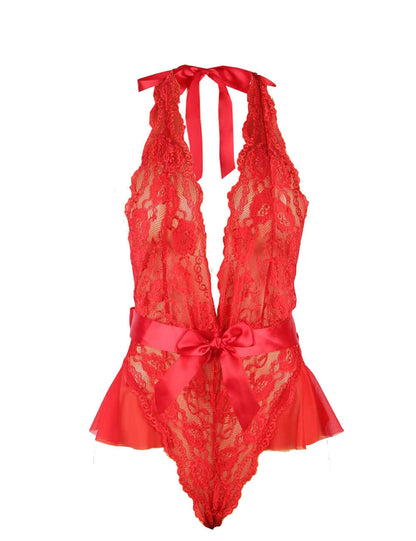 Red Halter Neck Ruffle Teddy with Waist Belt