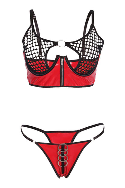 Red Leather Mesh Lingerie Set