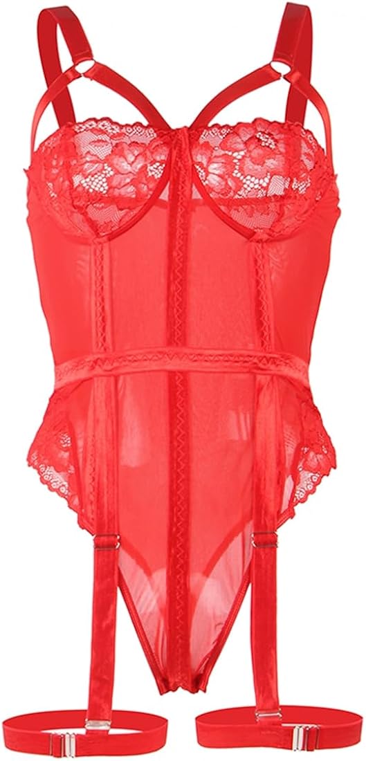 Red Lace Bodysuit with Garter and Ring Accents