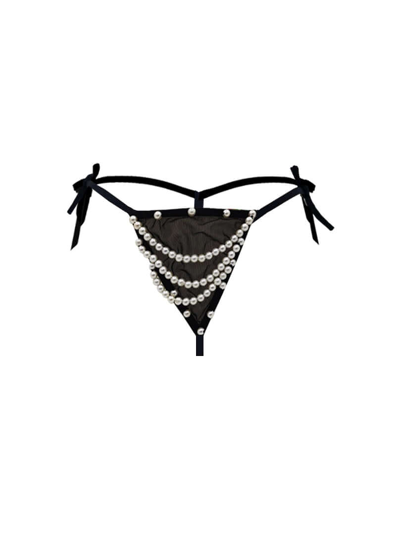 Black Pearl Beaded Mesh Thong