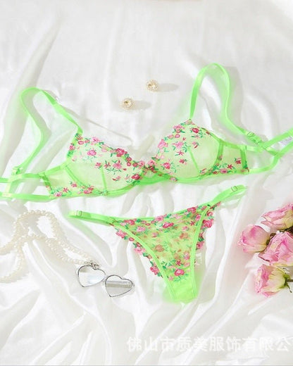 Glow Up, Lace Down Sheer Lace Bra & Thong Lingerie