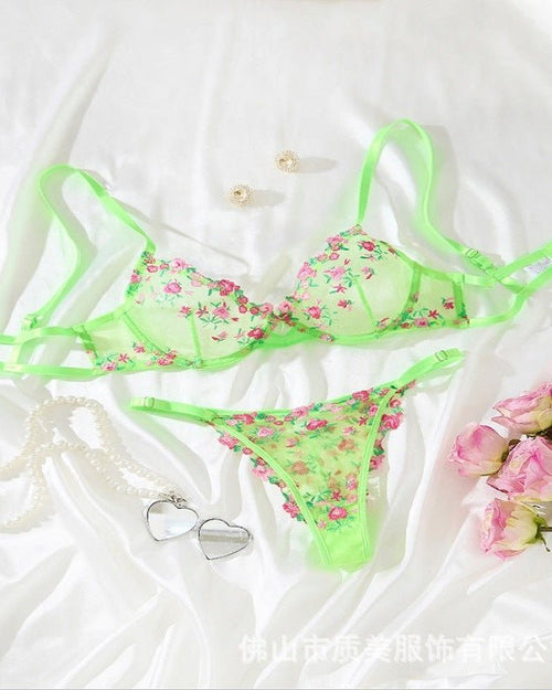 Glow Up, Lace Down Sheer Lace Bra & Thong Lingerie