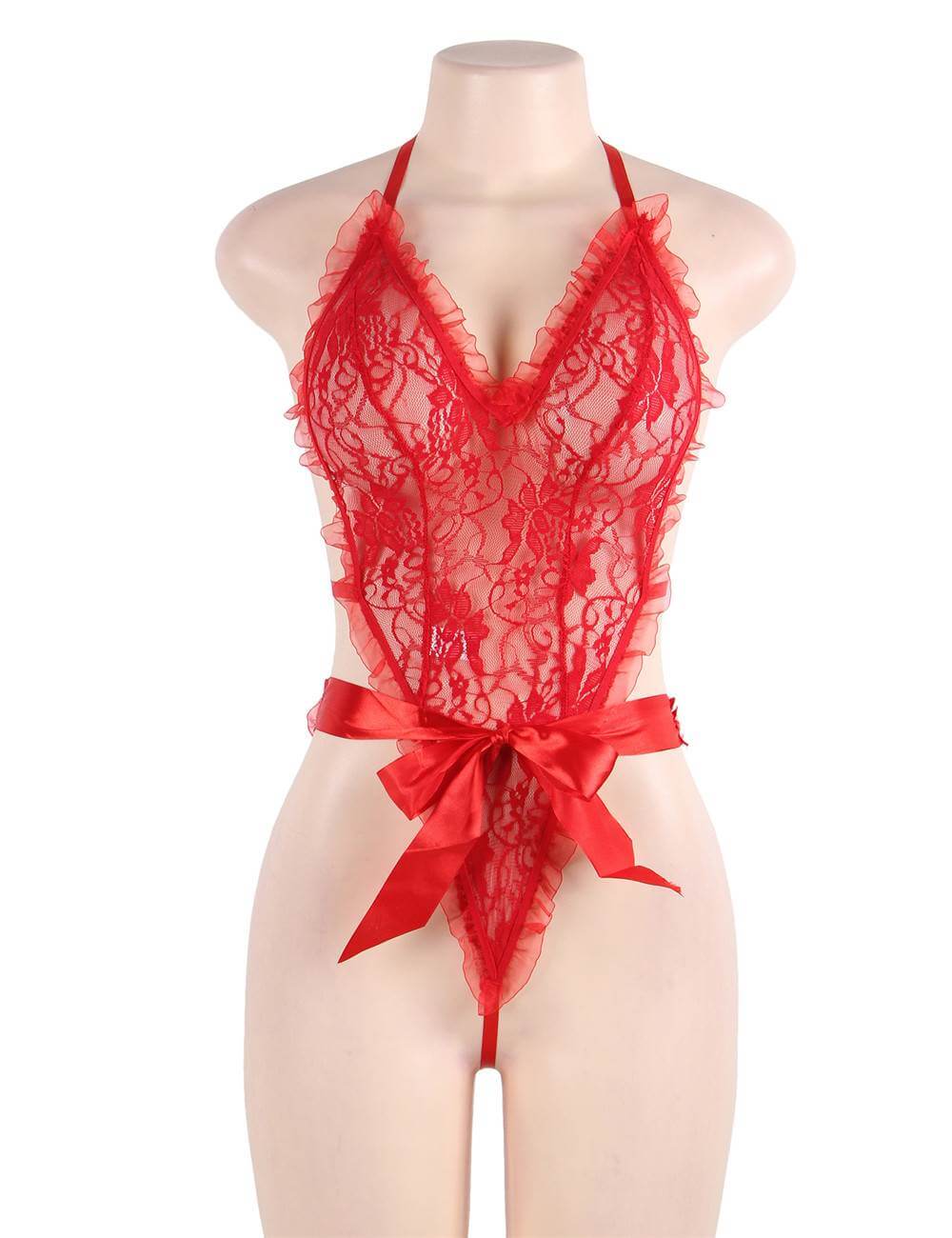 Transparent Lace Ruffle Teddy with Wrist Restraints - Sexy Lingerie for Women