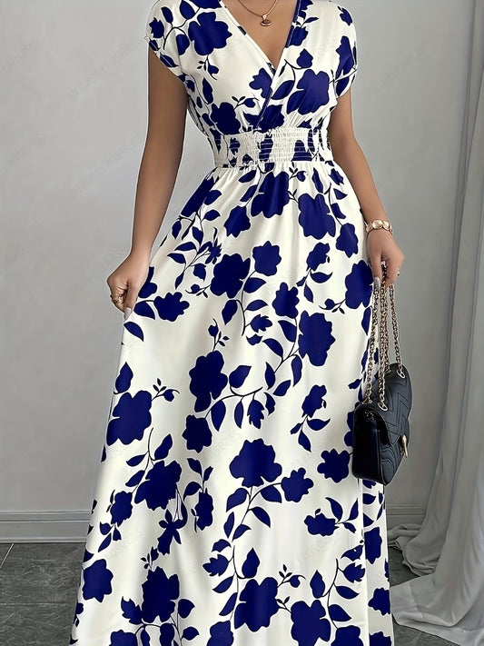 Elegant Floral Maxi Dress – V-Neck A-Line Flowing Dress with Cinched Waist for Women