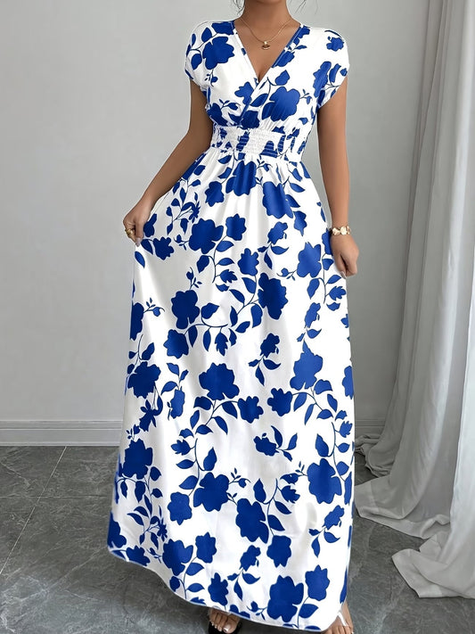 Elegant Floral Maxi Dress – V-Neck A-Line Flowing Dress with Cinched Waist for Women