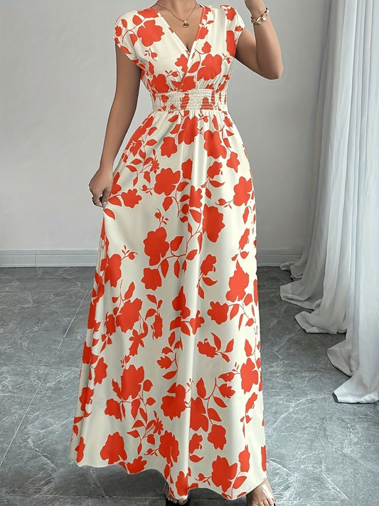 Elegant Floral Maxi Dress – V-Neck A-Line Flowing Dress with Cinched Waist for Women