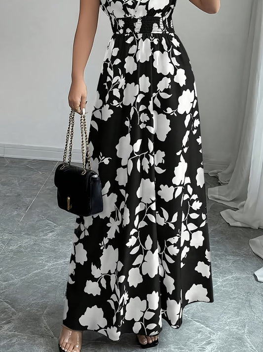 Elegant Floral Maxi Dress – V-Neck A-Line Flowing Dress with Cinched Waist for Women