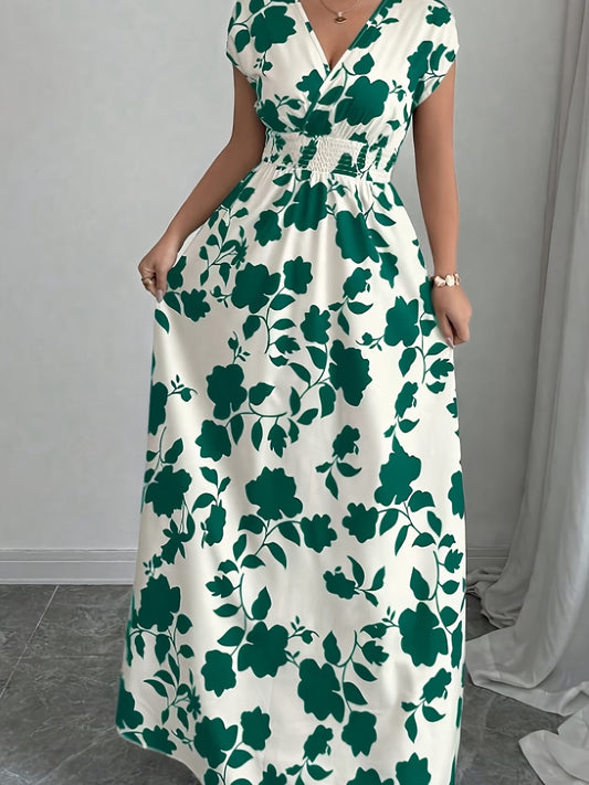 Elegant Floral Maxi Dress – V-Neck A-Line Flowing Dress with Cinched Waist for Women