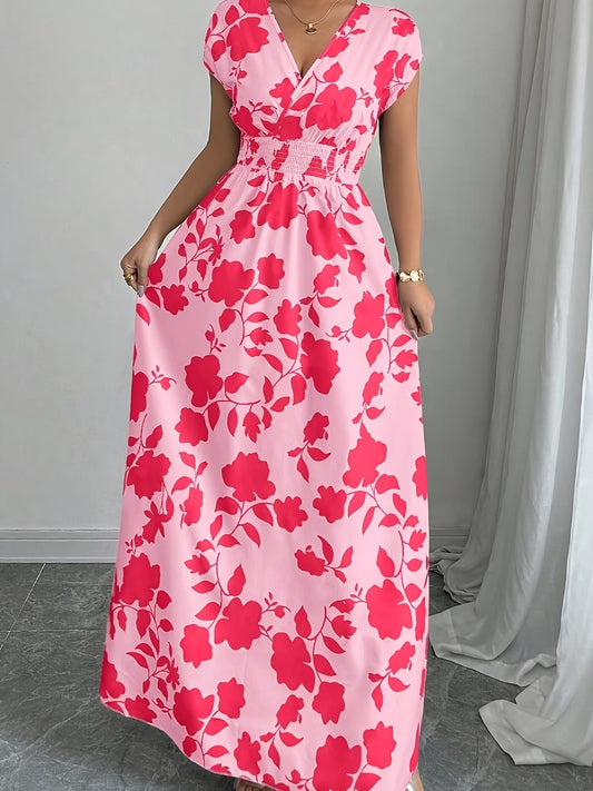Elegant Floral Maxi Dress – V-Neck A-Line Flowing Dress with Cinched Waist for Women