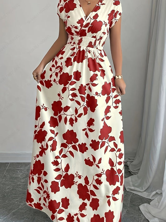 Elegant Floral Maxi Dress – V-Neck A-Line Flowing Dress with Cinched Waist for Women