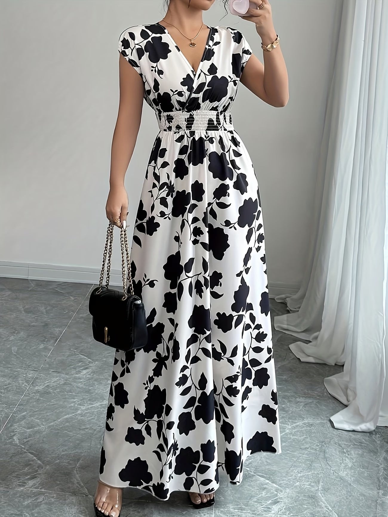 Elegant Floral Maxi Dress – V-Neck A-Line Flowing Dress with Cinched Waist for Women