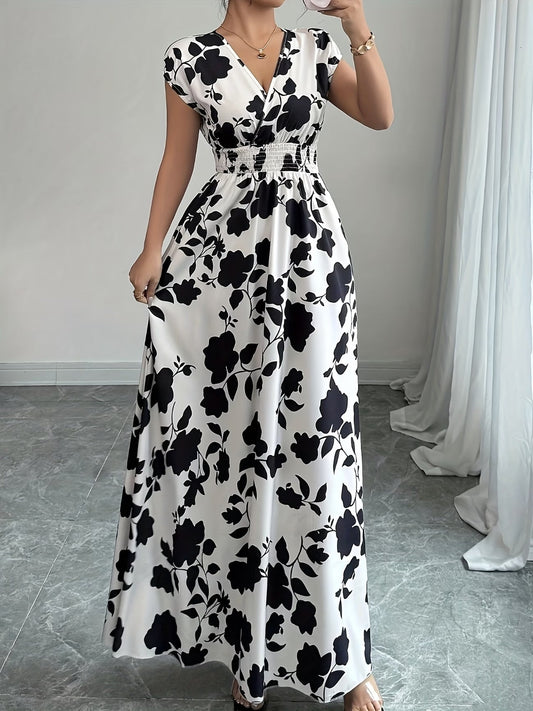 Elegant Floral Maxi Dress – V-Neck A-Line Flowing Dress with Cinched Waist for Women
