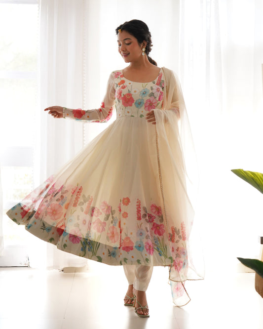 Cream Organza Anarkali Set with Printed Flare, Lace Dupatta & Pants