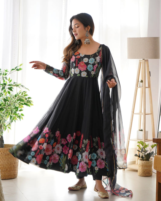 Black Organza Anarkali Suit Set with Printed Flare, Lace Dupatta & Pants