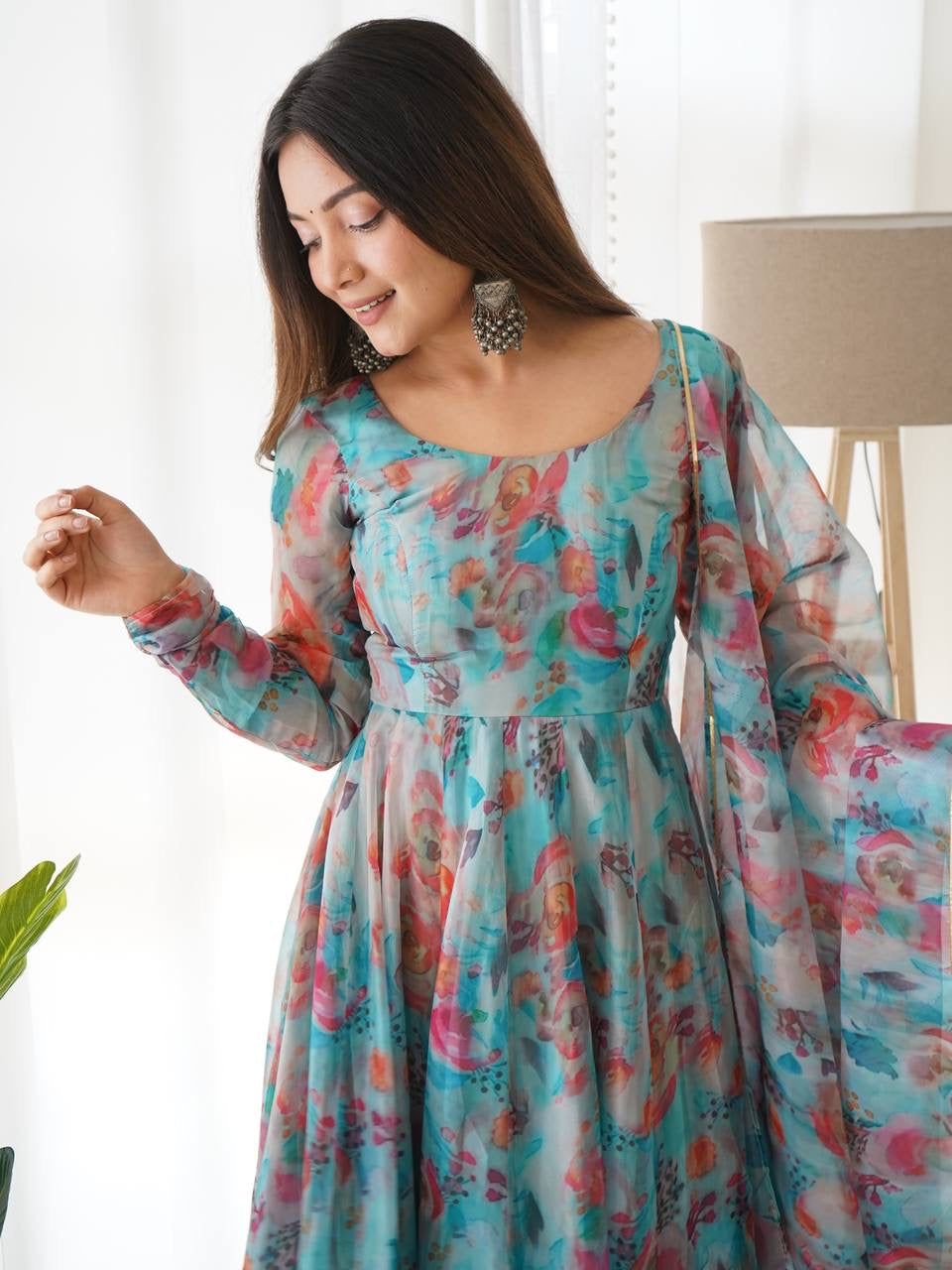 Sky Blue Soft Organza Anarkali Suit Set with Flared Gown, Dupatta & Pants