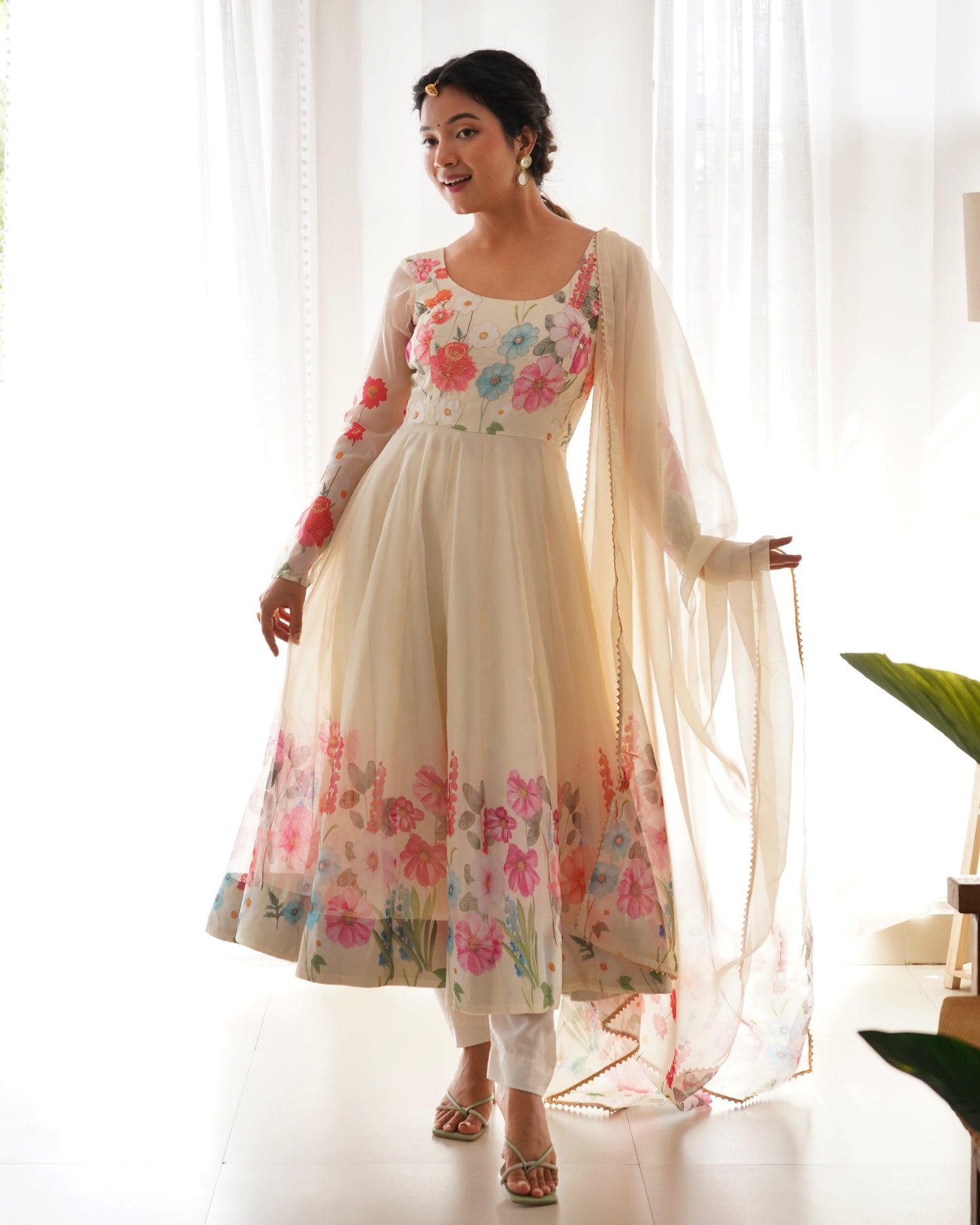 Cream Organza Anarkali Set with Printed Flare, Lace Dupatta & Pants