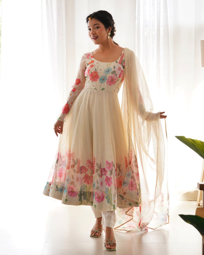 Cream Organza Anarkali Set with Printed Flare, Lace Dupatta & Pants