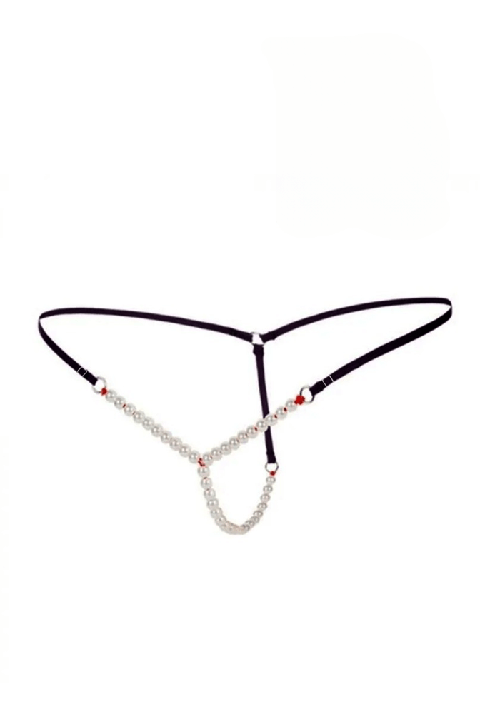 Black Micro G String with Beaded White pearls